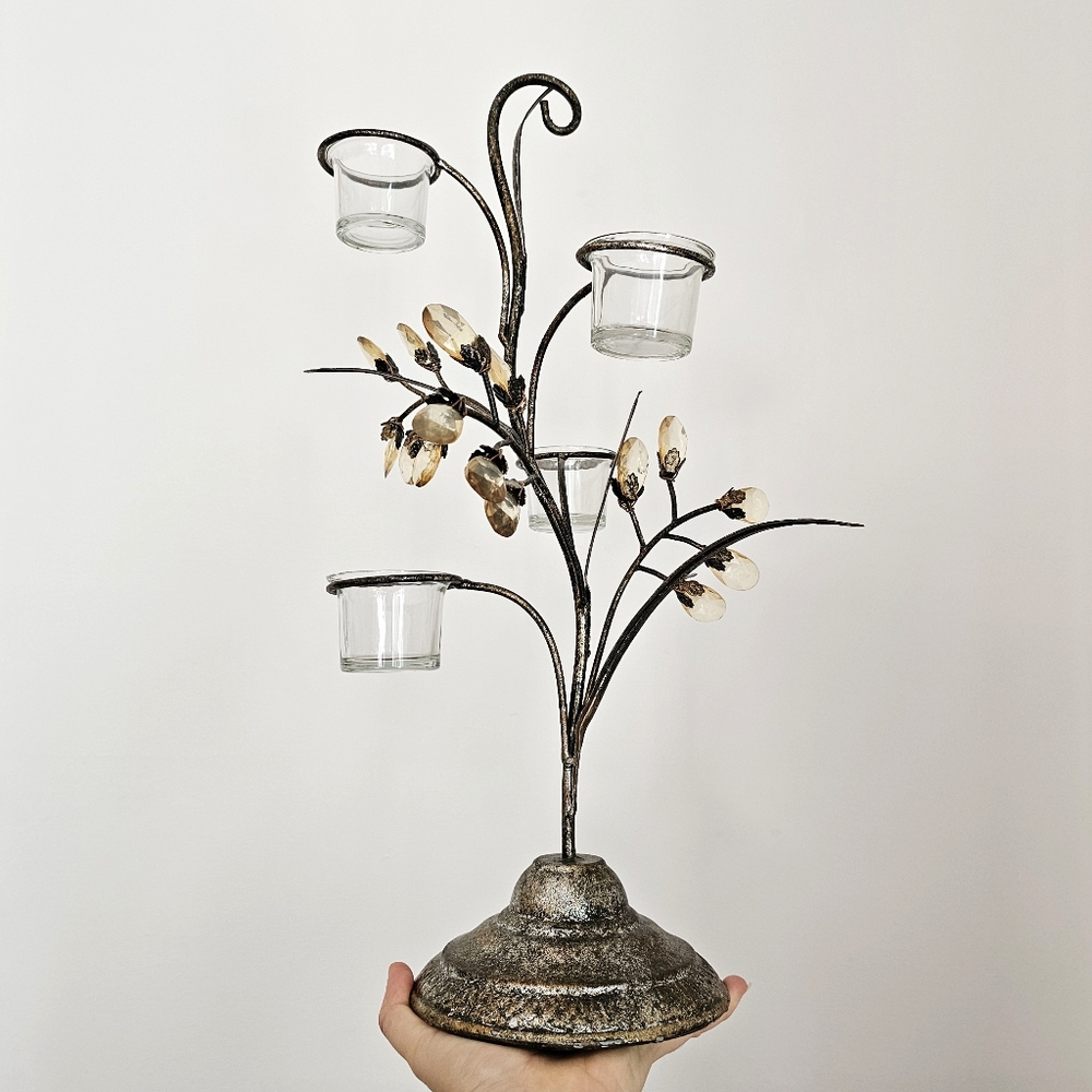 Table Top Antiqued Silver Metal Glass Candle Sconce Holders Amber Crystal Beads